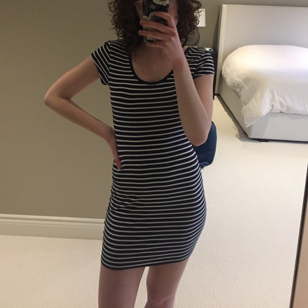 TNA Mini White & Blue Striped T-Shirt Dress